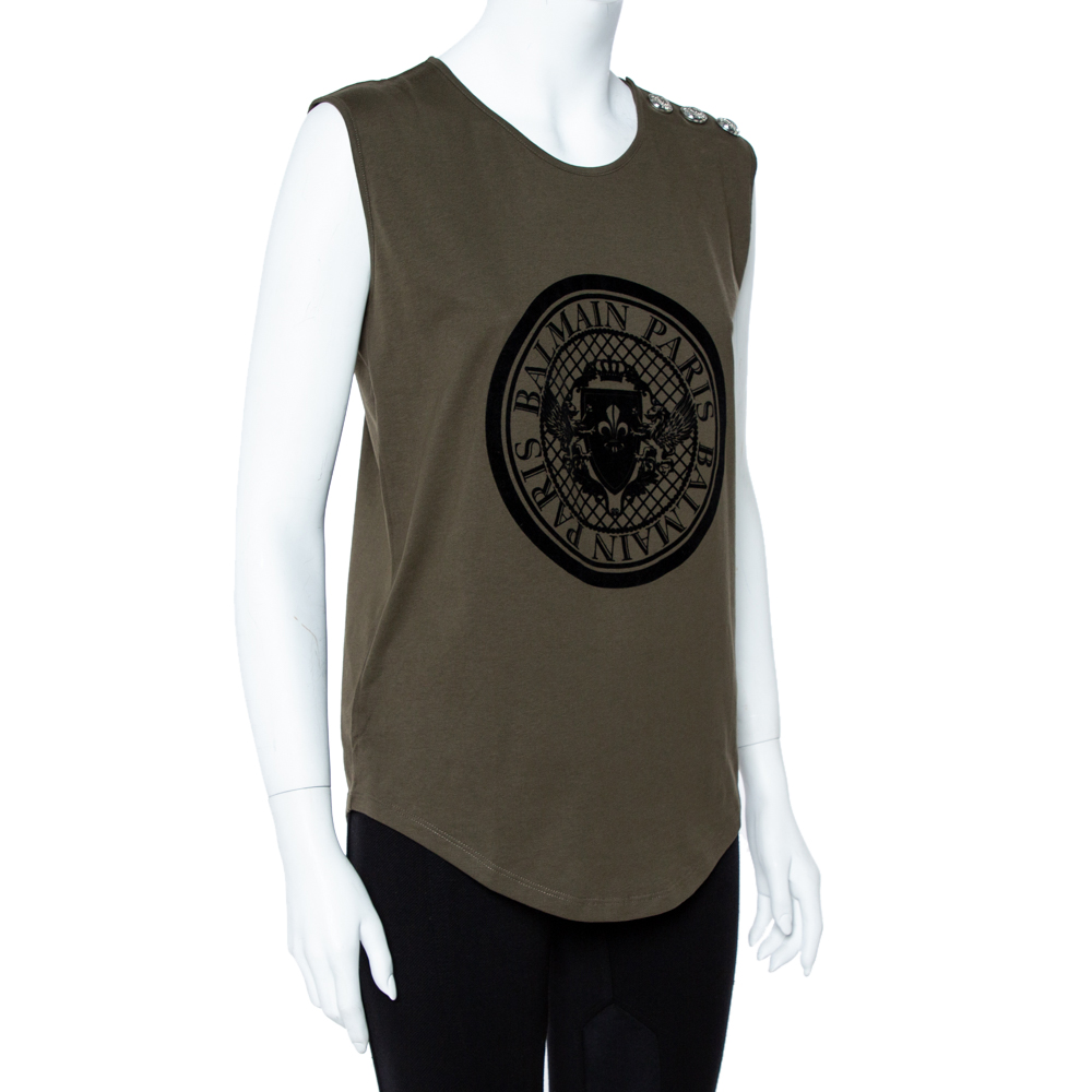 

Balmain Green Cotton Jersey Velvet Crest Print Tank Top