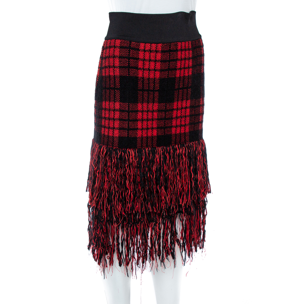 

Balmain Red/Black Checkered Tweed Fringe Skirt
