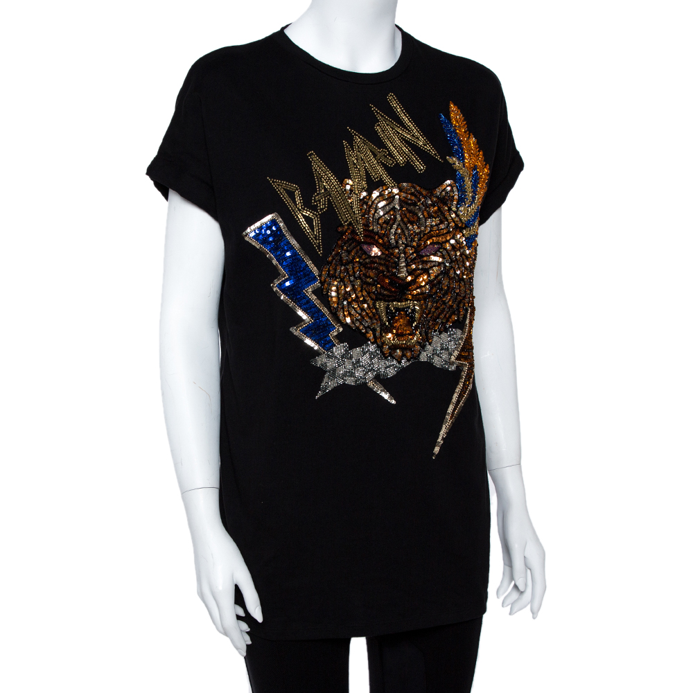 

Balmain Black Cotton Jersey Sequined Tiger Motif T-Shirt