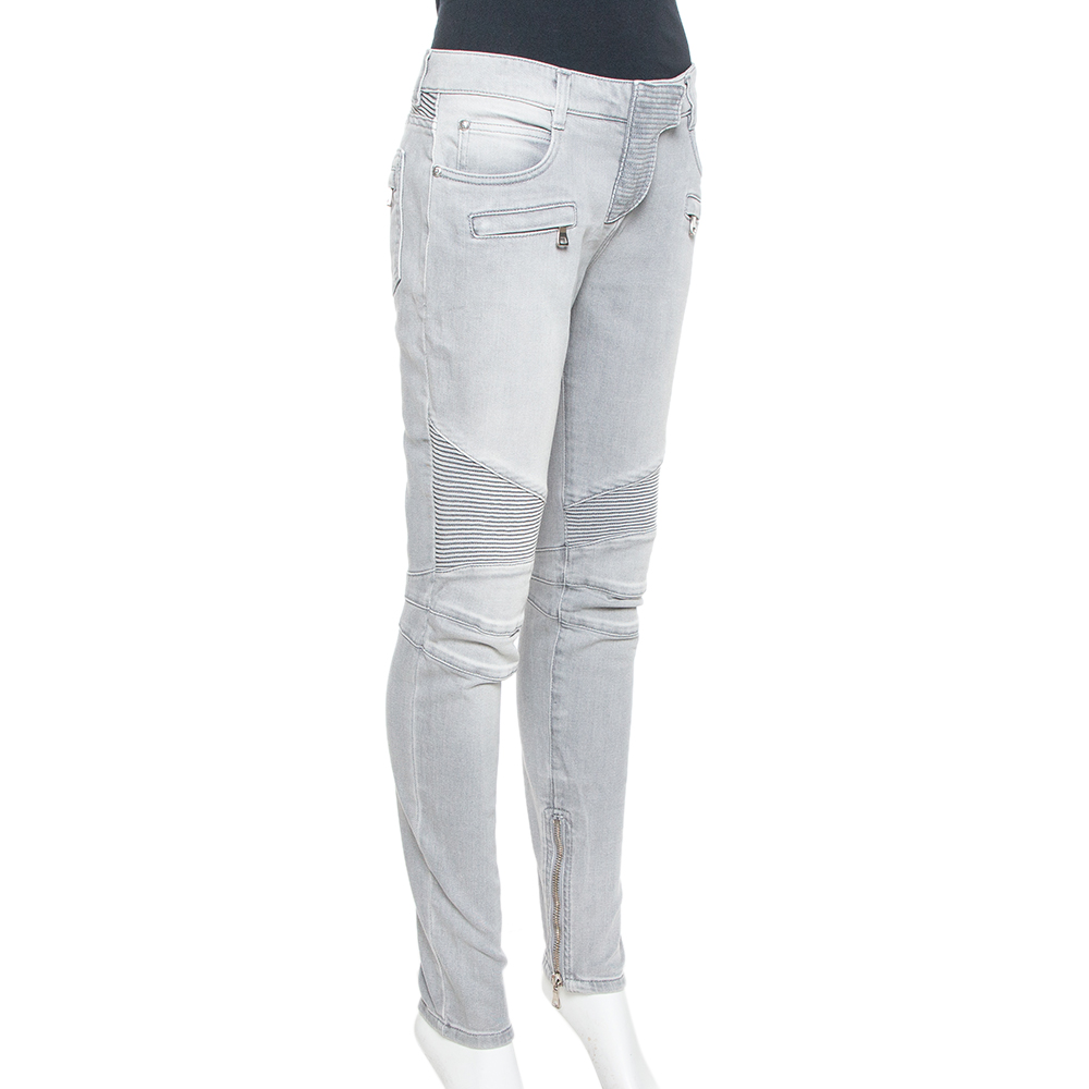 

Balmain Grey Denim Quilted Detail Skinny Jeans