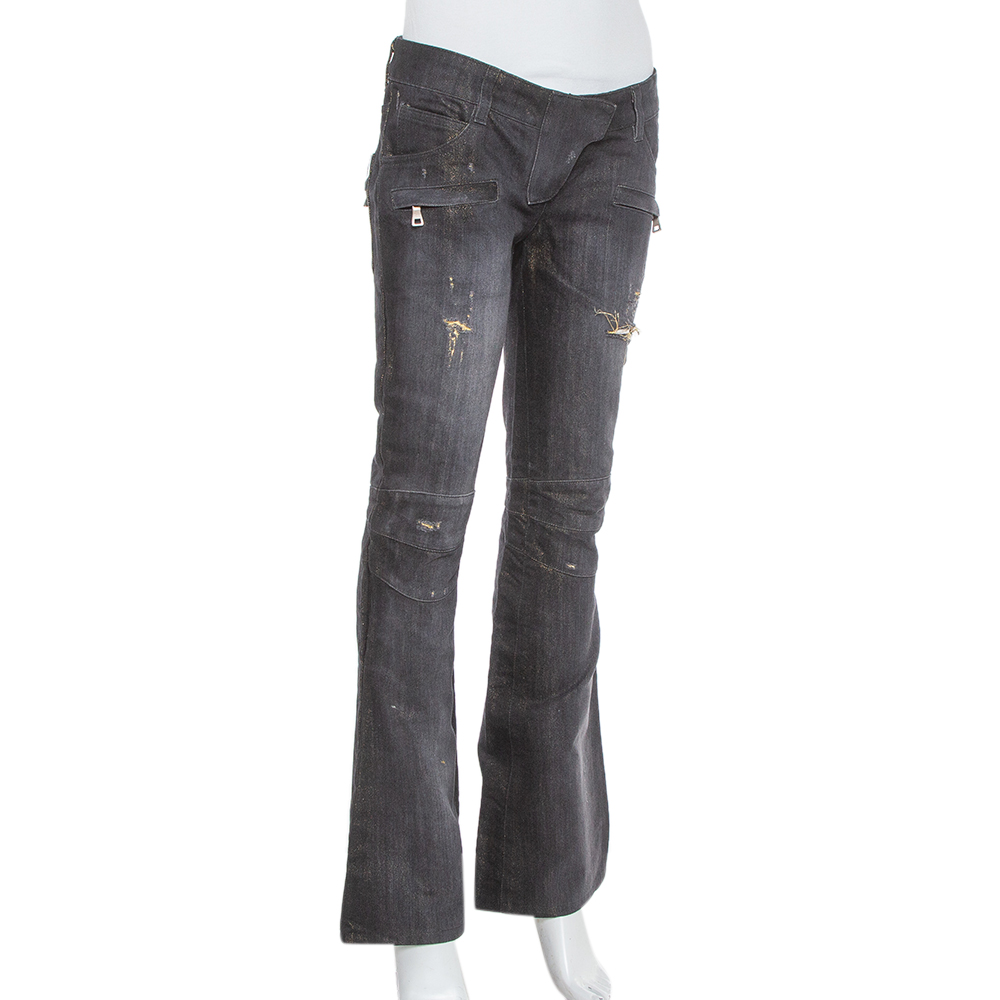 

Balmain Black & Metallic Gold Denim Paneled Distressed Bootcut Jeans