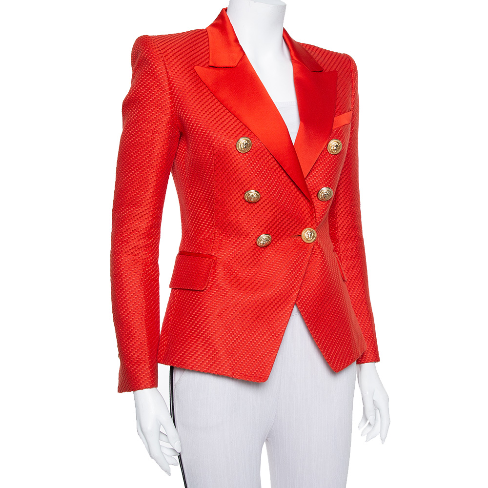 

Balmain Red Textured Cotton & Silk Double Breasted Blazer