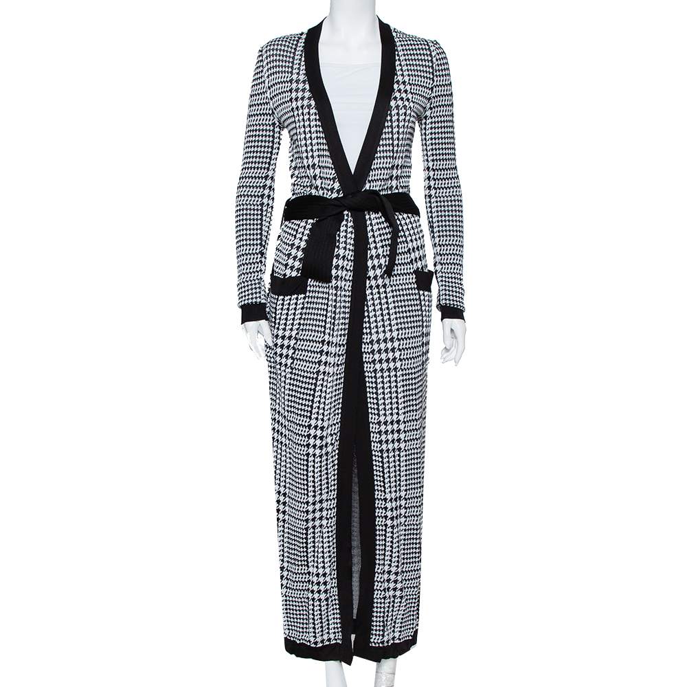 Pre-owned Balmain Monochrome Houndstooth Patterned Knit Belted Long Cardigan S In Black
