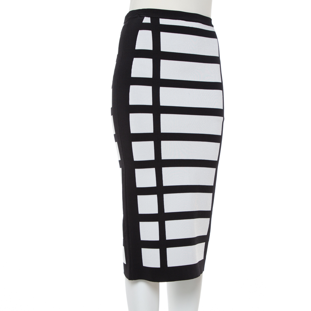 

Balmain Monochrome Block Patterned Knit High Waist Midi Skirt, Black