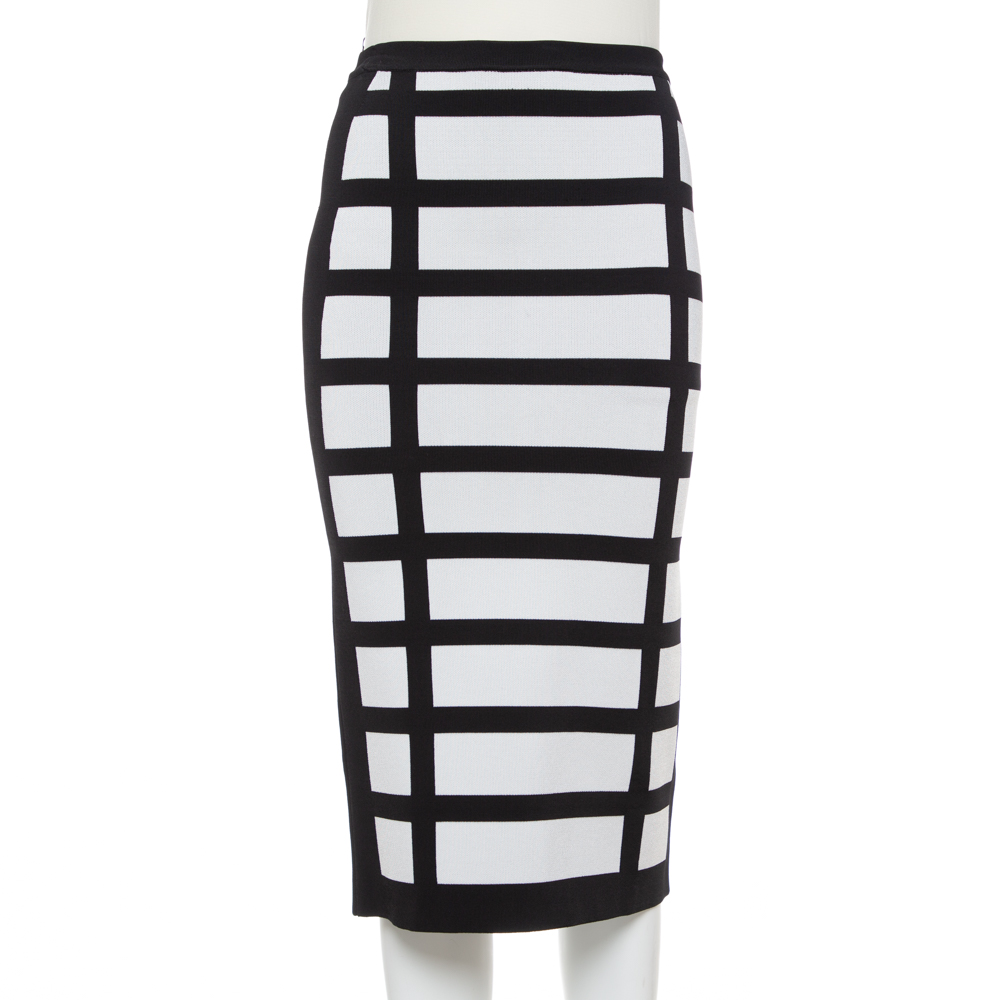 Pre-owned Balmain Monochrome Block Patterned Knit High Waist Midi Skirt M In Black