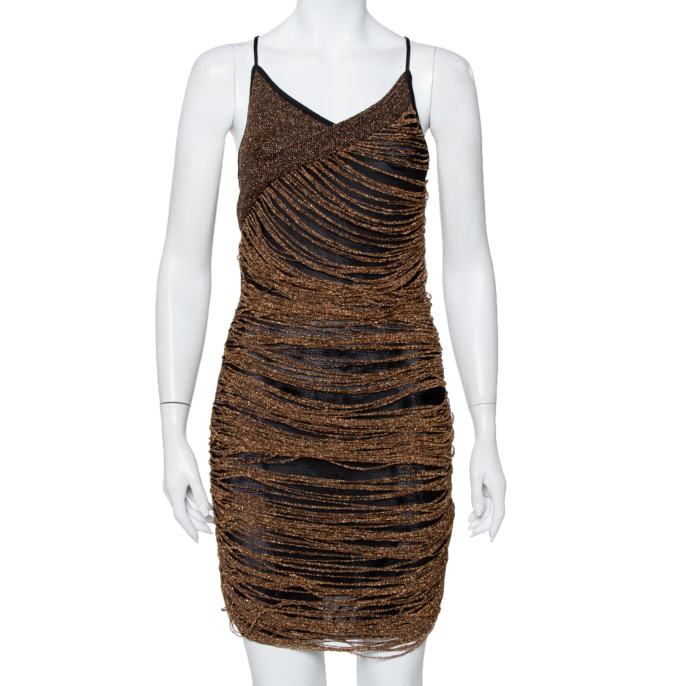 Pre-owned Balmain Gold Mesh Fringe Detail Sleeveless Mini Dress M