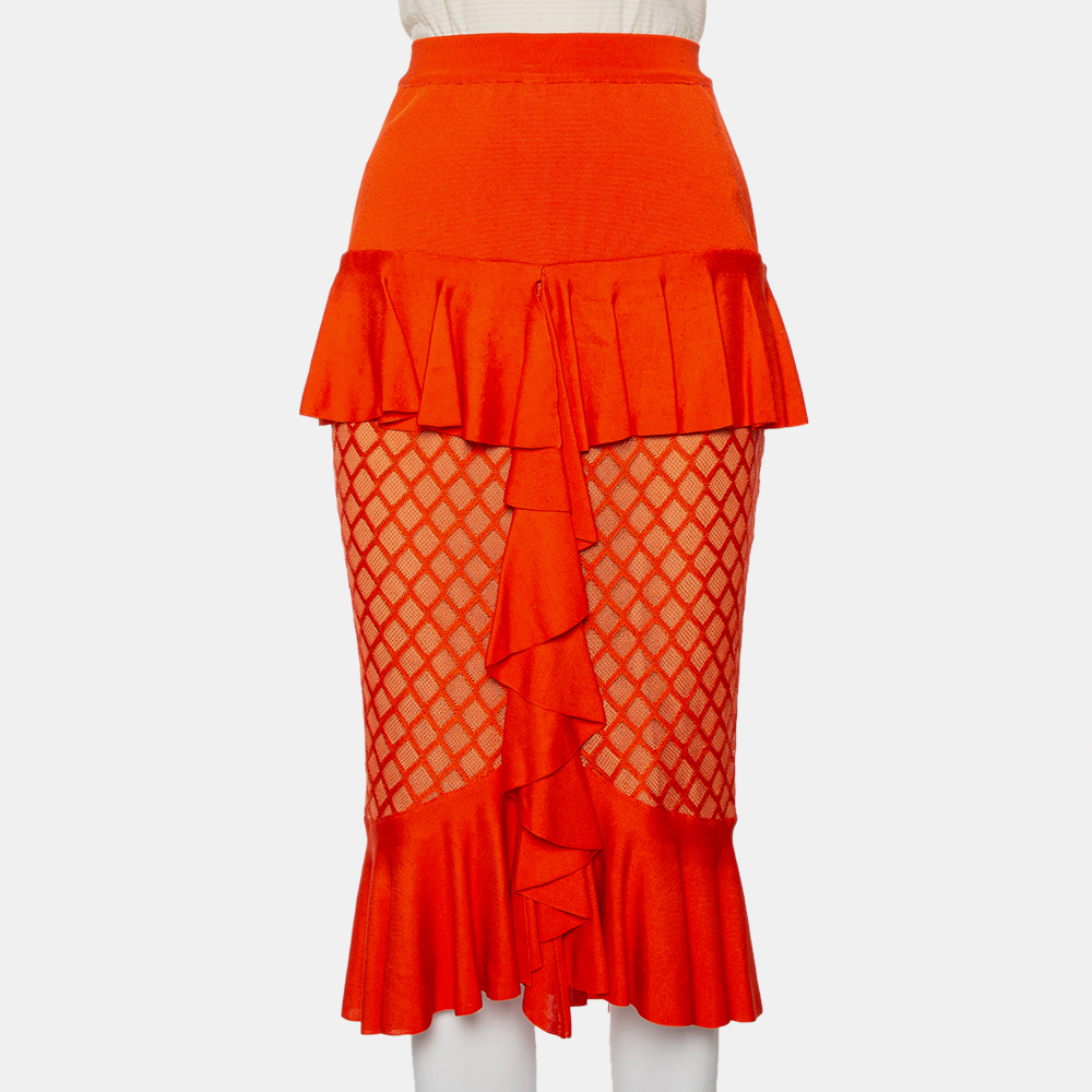 Pre-owned Balmain Orange Knit Ruffled Midi Skirt M