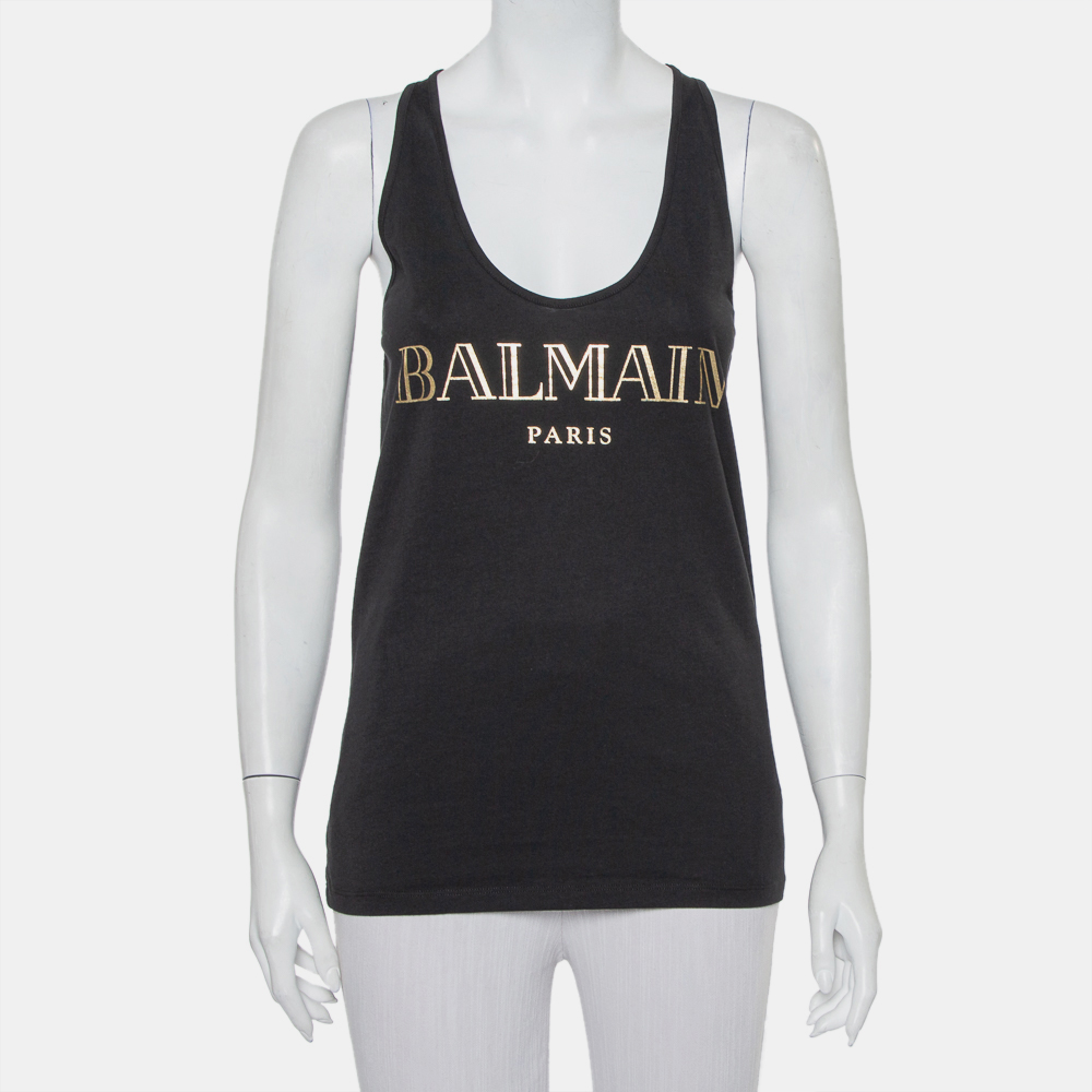 Pre-owned Balmain Black Cotton Logo Printed Tank Top M