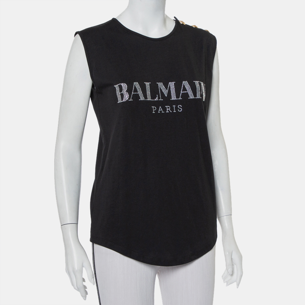 

Balmain Black Cotton Crystal Logo Embellished Button Detail Sleeveless T-Shirt