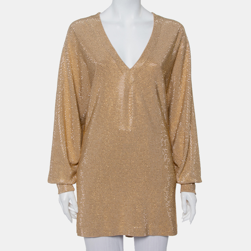 Pre-owned Balmain Gold Rhinestone Embellished Knit V-neck Oversized Top M