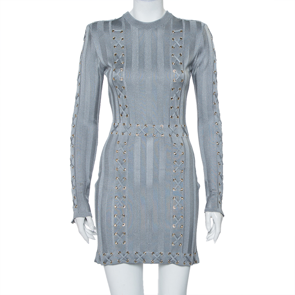 Pre-owned Balmain Grey Knit Lace Up Detail Mini Dress M