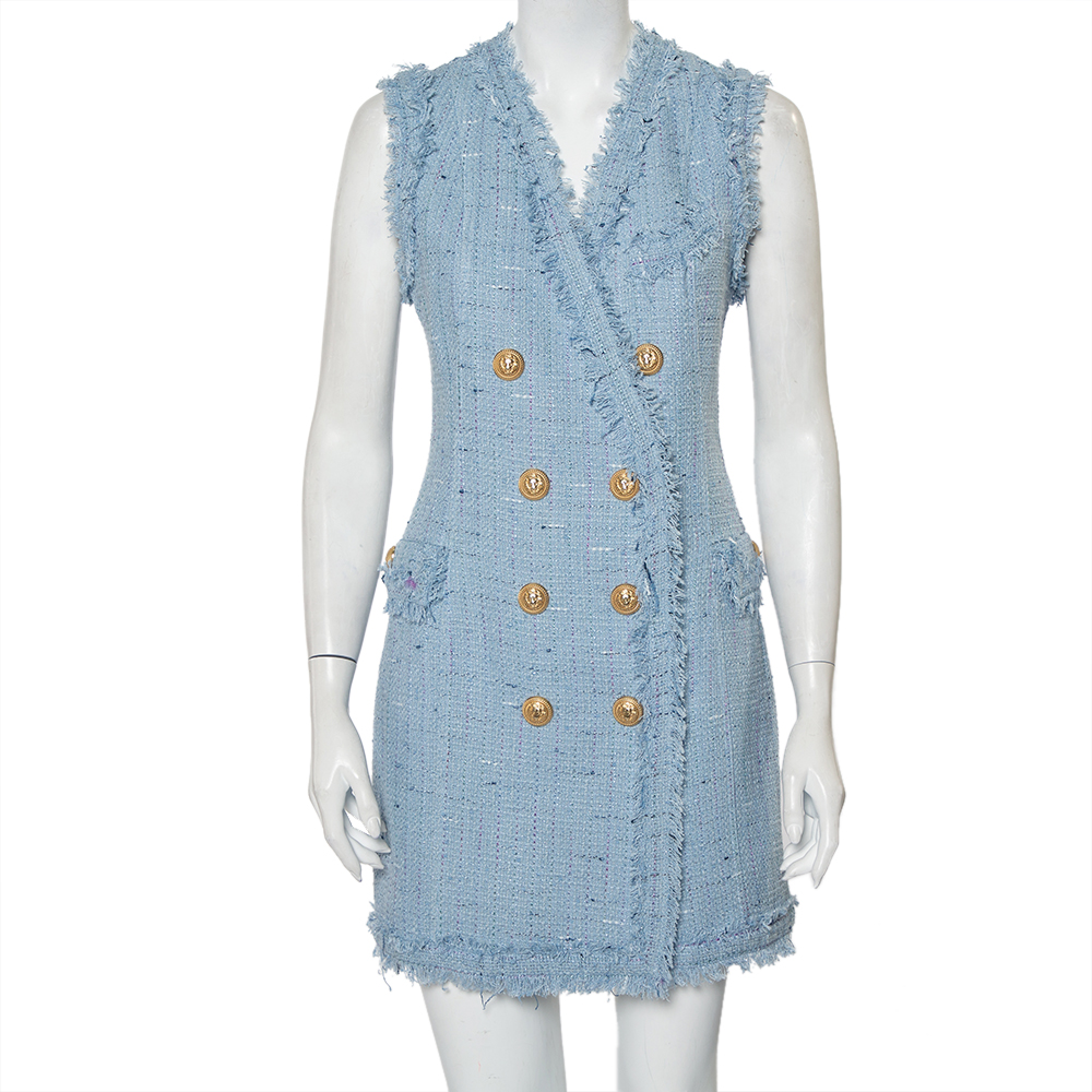 Pre-owned Balmain Powder Blue Tweed Double Breasted Sleeveless Mini Dress M