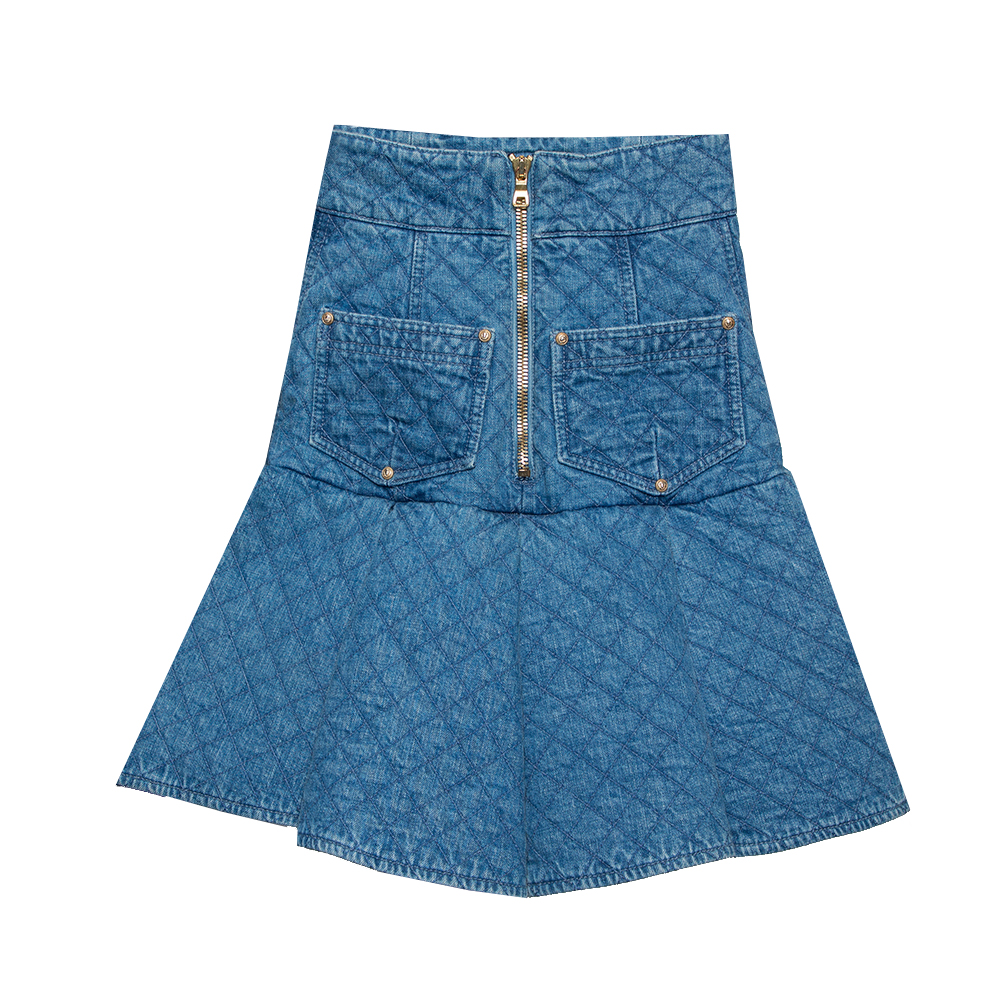 

Balmain Blue Quilted Denim Button Detail Asymmetrical Hem Mini Skirt