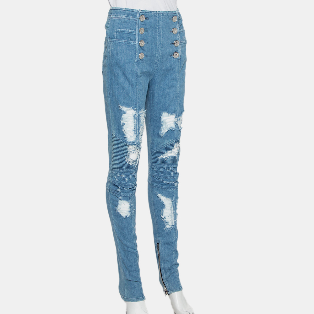 Balmain Blue Denim High Waist Distressed Jeans M  - buy with discount