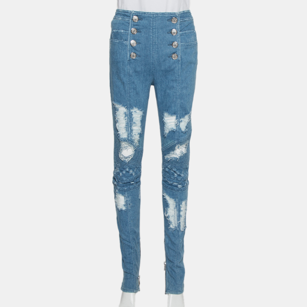 Pre-owned Balmain Blue Denim High Waist Distressed Jeans M
