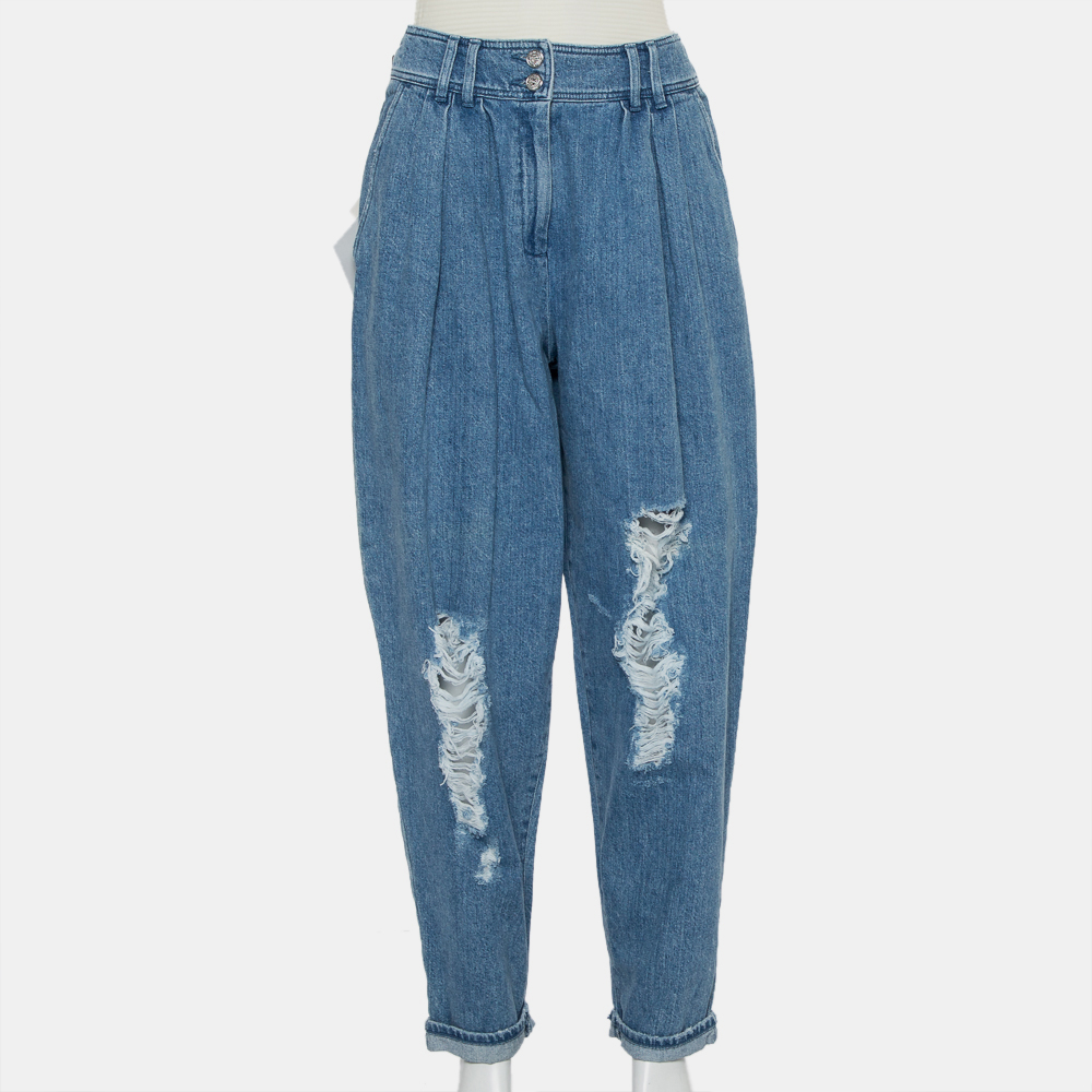 Pre-owned Balmain Blue Denim High Waist Destroyed Jeans L