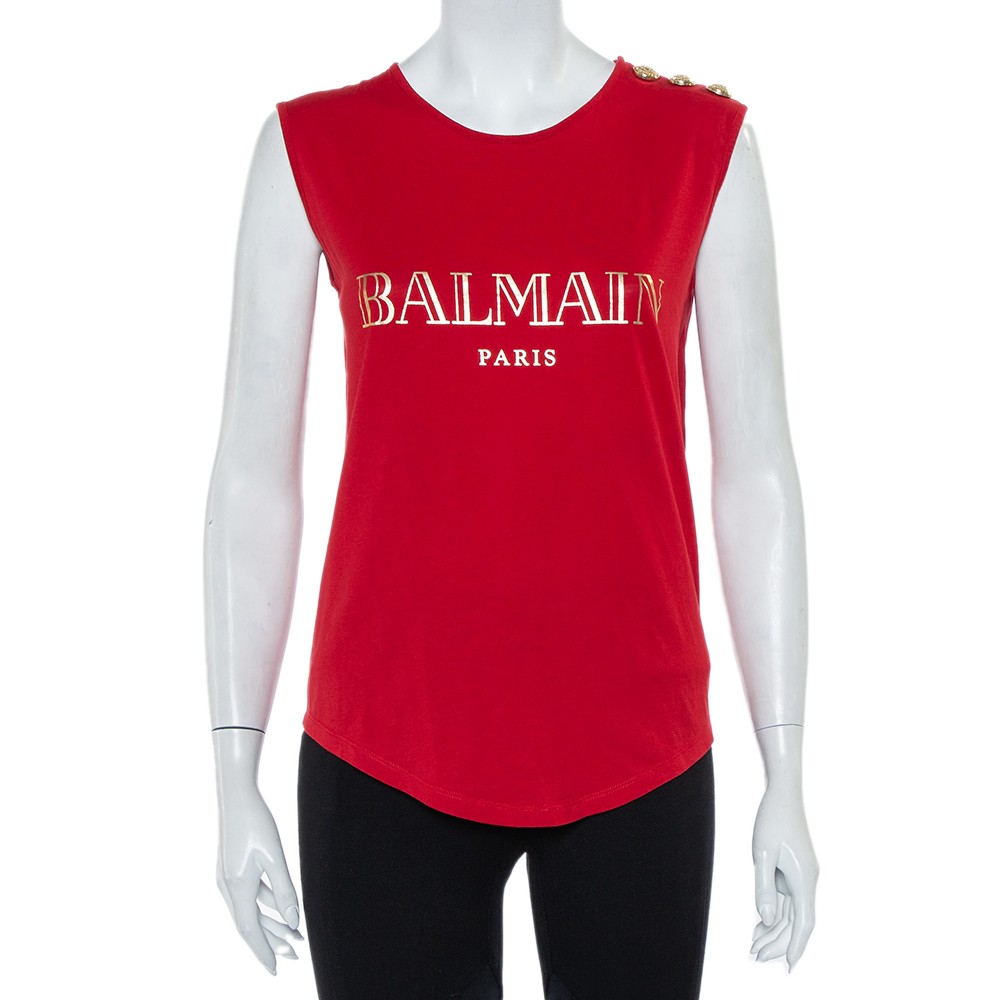 Pre-owned Balmain Red Logo Printed Cotton Shoulder Button Detail Sleeveless T-shirt S