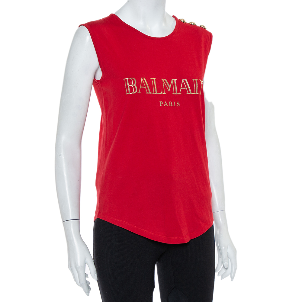 

Balmain Red Logo Printed Cotton Shoulder Button Detail Sleeveless T-Shirt