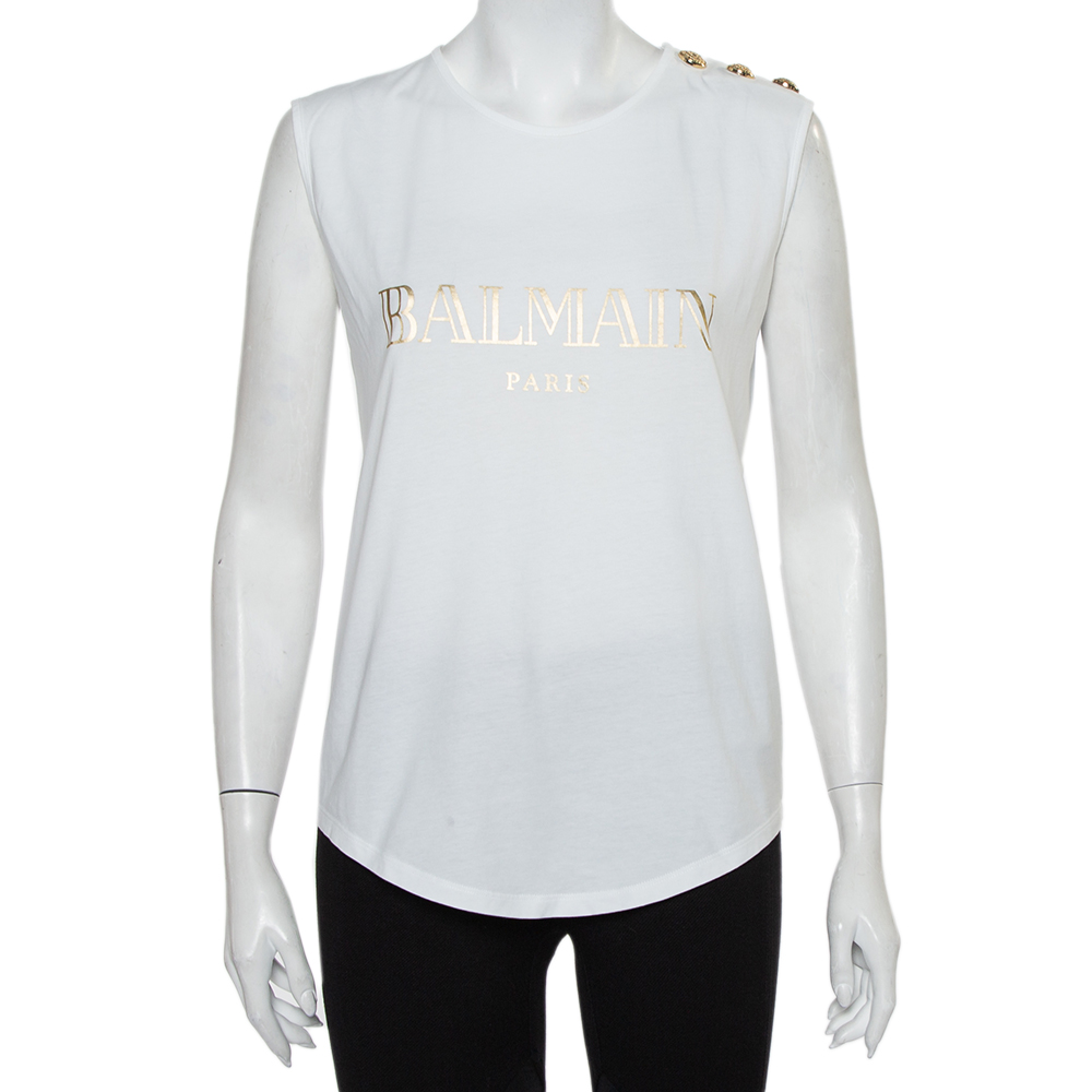 Pre-owned Balmain White Logo Printed Cotton Shoulder Button Detail Sleeveless T-shirt M