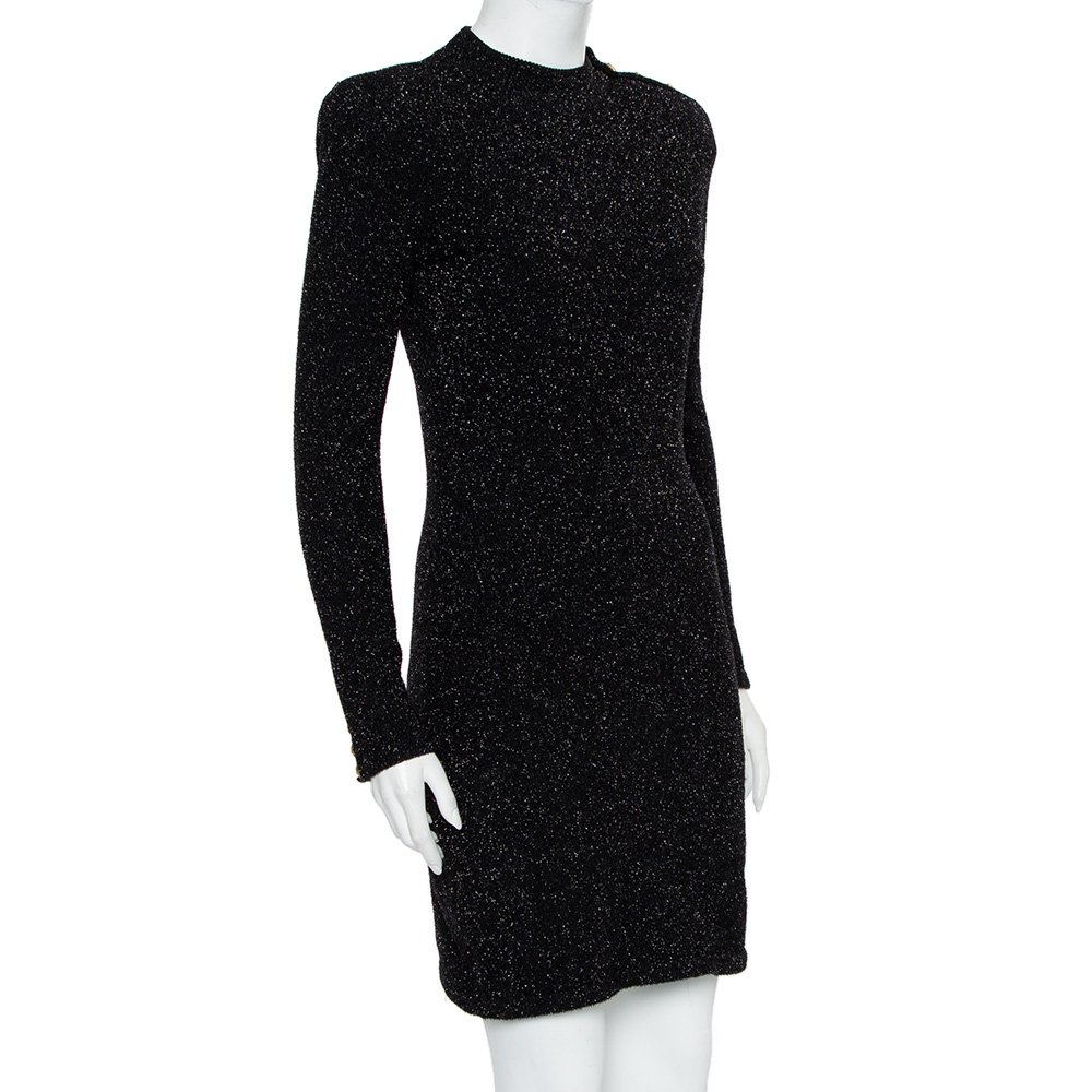 

Balmain Black Lurex Knit Shoulder Button Detail Mini Dress