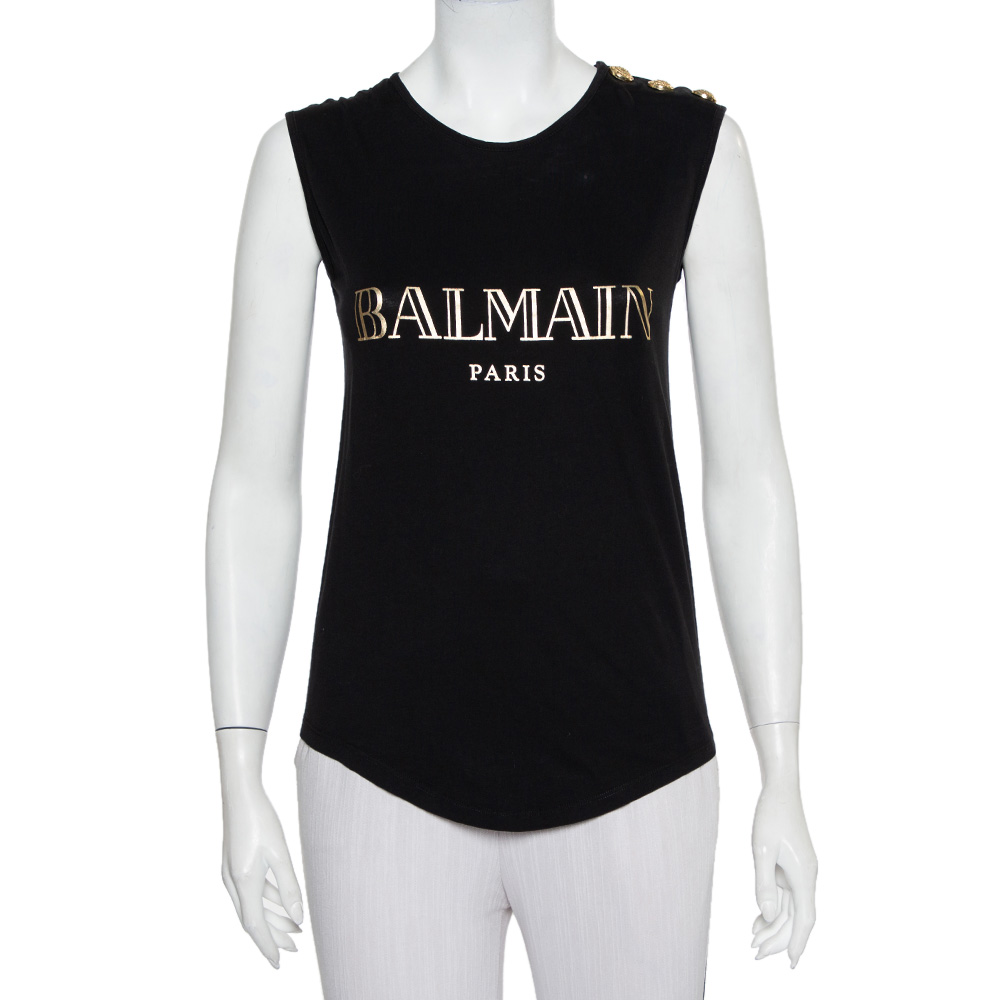 Pre-owned Balmain Black Logo Printed Cotton Shoulder Button Detail Sleeveless T-shirt S