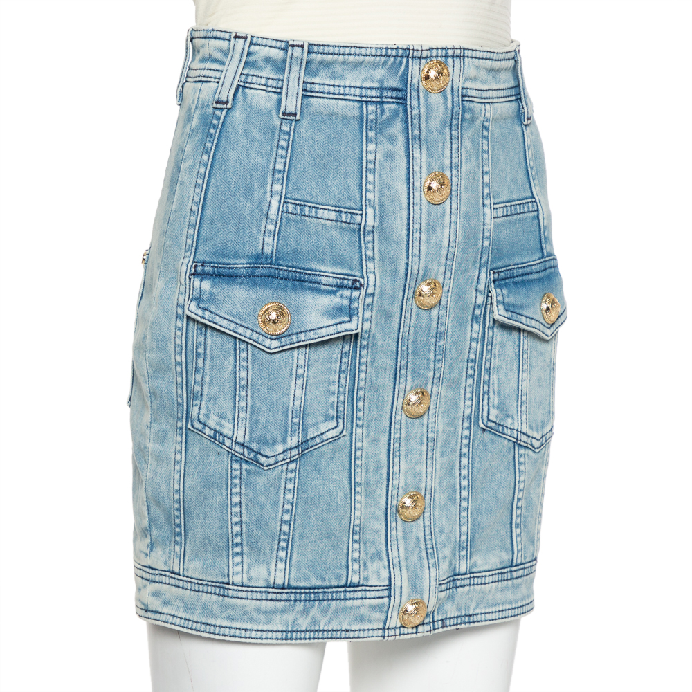 

Balmain Blue Light Wash Denim Button Detail Mini Skirt