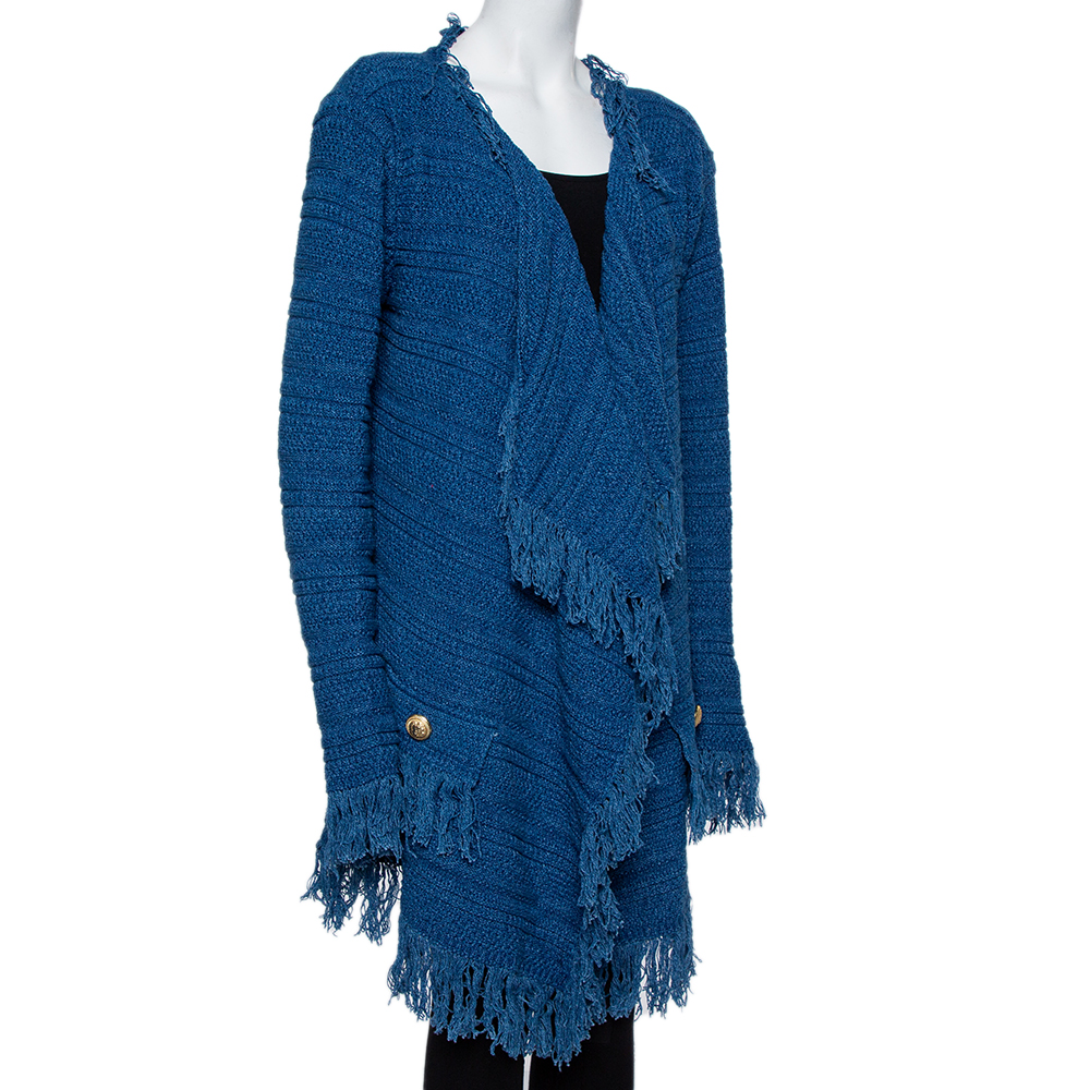 

Balmain Blue Textured knit Fringed Open Front Jacket, Navy blue