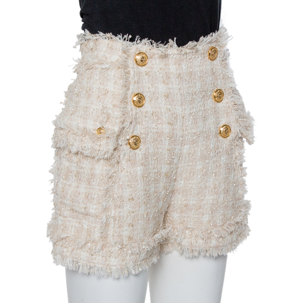 

Balmain Cream Tweed Button Detail Shorts