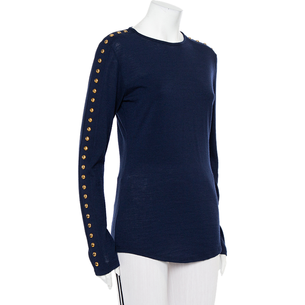 

Balmain Navy Blue Wool Studded Detail Sweater