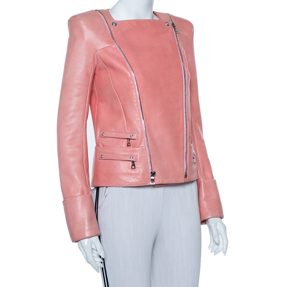 

Balmain Pink Leather Zip Front Biker Jacket