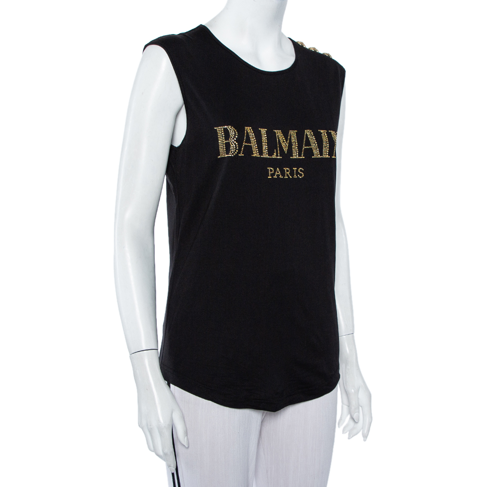 

Balmain Black Cotton Logo Embellished Sleeveless T-Shirt