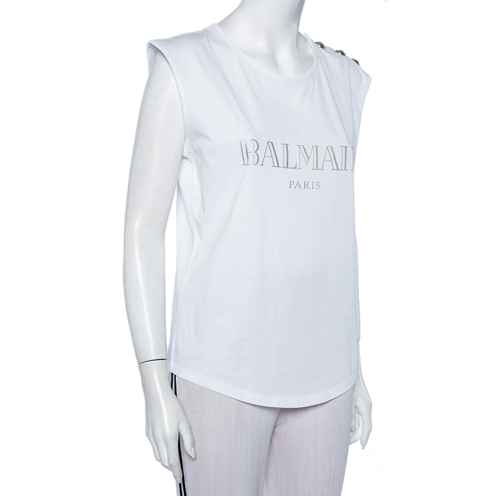 

Balmain White Logo Printed Cotton Button Detail Sleeveless T-Shirt