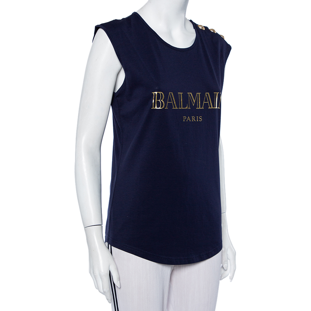 

Balmain Navy Blue Logo Printed Cotton Button Detail Tank Top