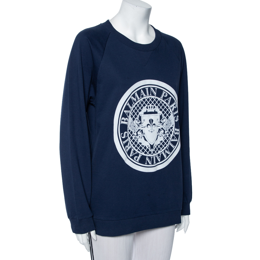 

Balmain Navy Blue Cotton Logo Stamp Detail Sweatshirt