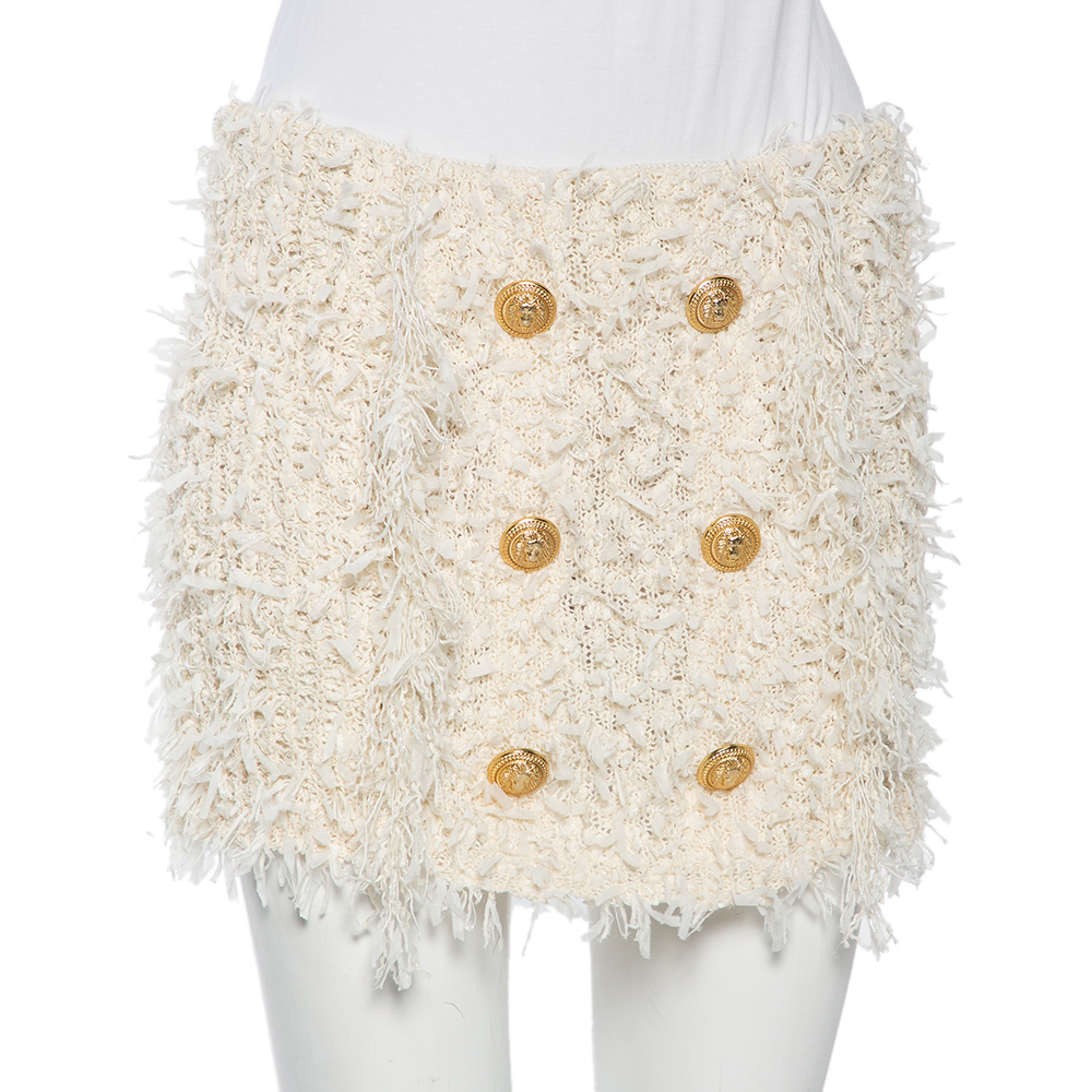 

Balmain Ivory Bouclé Button Detail Mini Skirt, White