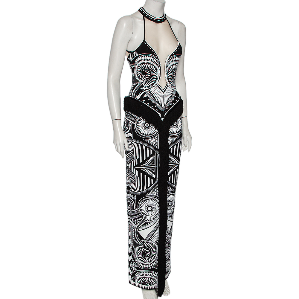 

Balmain Monochrome Tribal Pattern Intarsia Knit Fringe Detail Maxi Dress, Black