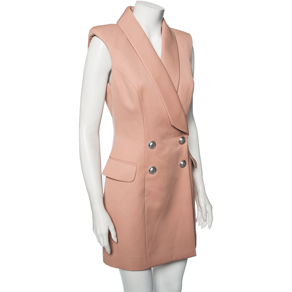 

Balmain Peach Wool Double Breasted Sleeveless Mini Dress, Pink