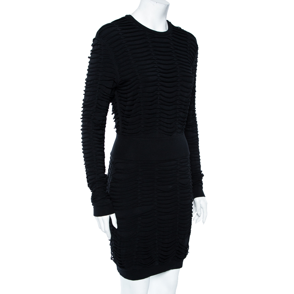 

Balmain Black Jersey Distressed Overlay Round Neck Mini Dress