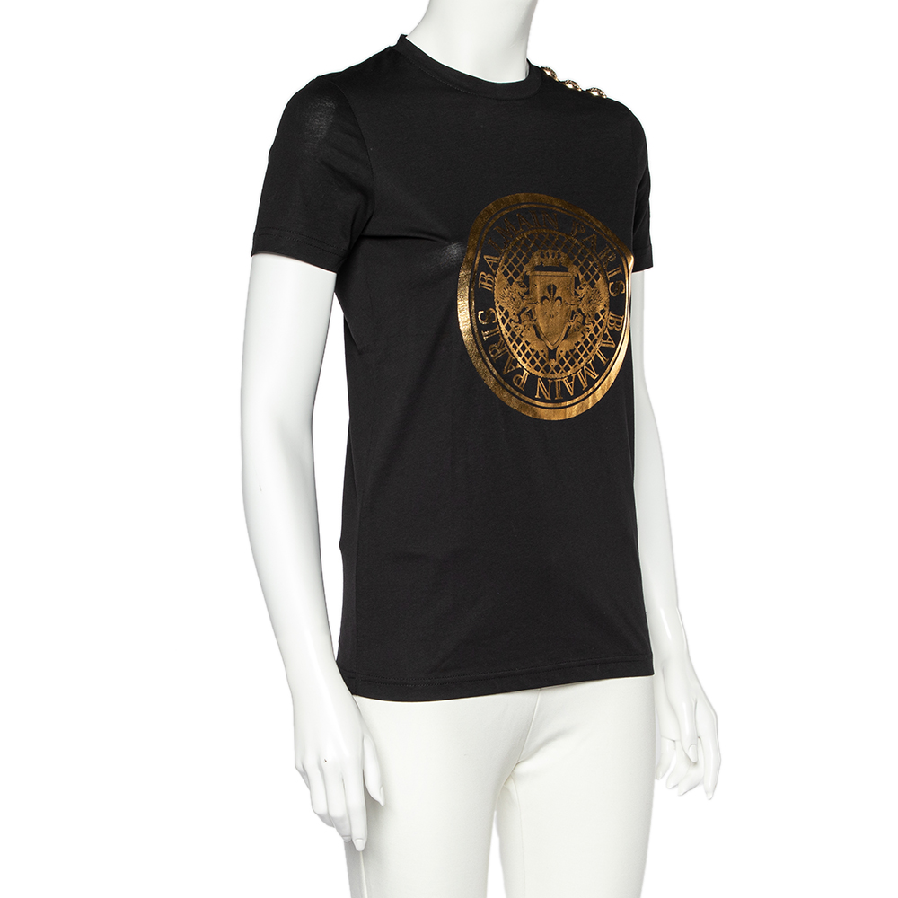 

Balmain Black & Gold Medallion Print Cotton Button Detail T-Shirt