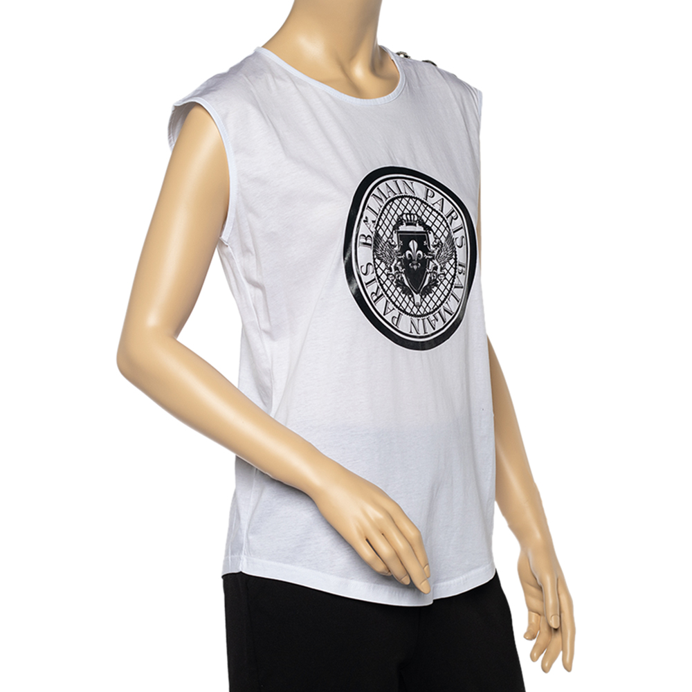 

Balmain White Medallion Print Cotton Button Detail Sleeveless T-Shirt