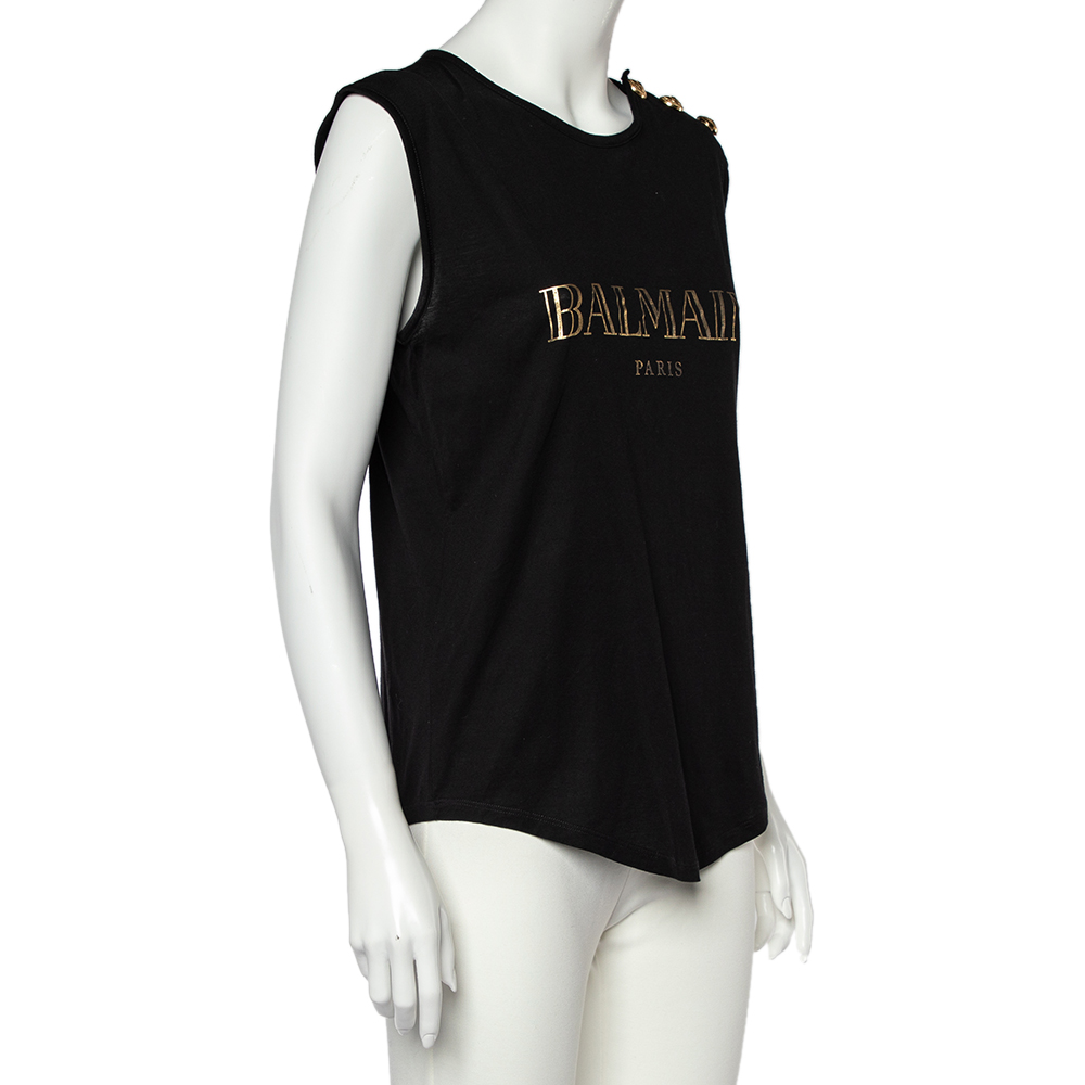 

Balmain Black Logo Print Cotton Button Detail Sleeveless T-Shirt