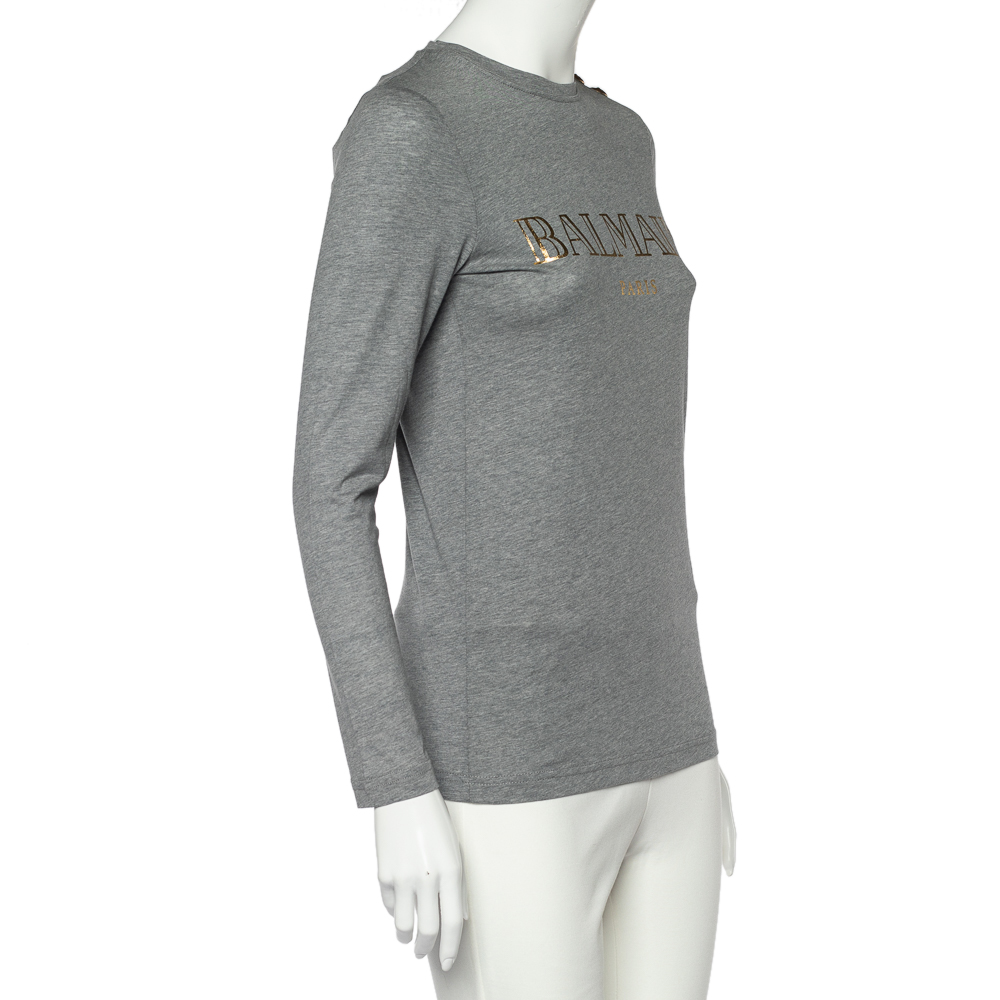 

Balmain Grey Logo Print Cotton Long Sleeve T-Shirt