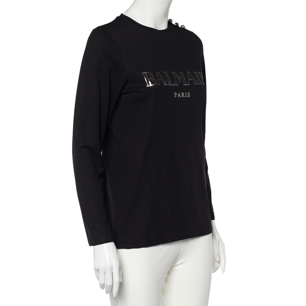 

Balmain Black Logo Print Cotton Button Detail Long Sleeve T-Shirt