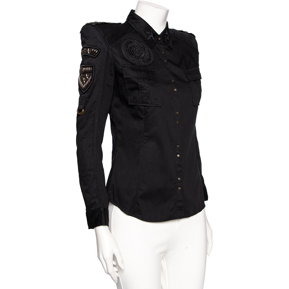 

Balmain Black Embroidered & Embellished Cotton Button Front Military Shirt