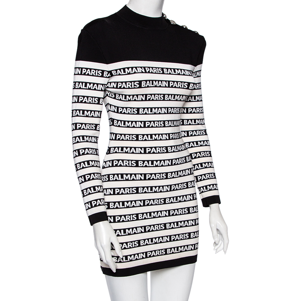 

Balmain Monochrome Logo Knit Embossed Button Detail Bodycon Mini Dress, Black