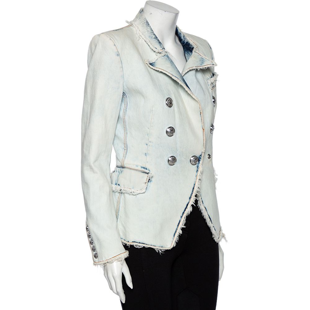 

Balmain Blue Denim Frayed Detailed Double Breasted Blazer