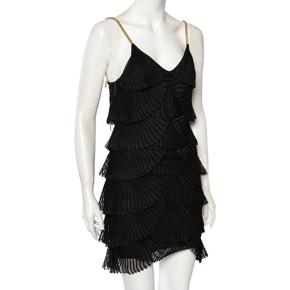 

Balmain Black Knit Chain Sleeve Detailed Tiered Mini Dress