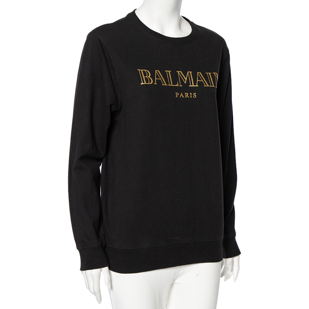 

Balmain Black Cotton Logo Printed Crew Neck Sweatshirt