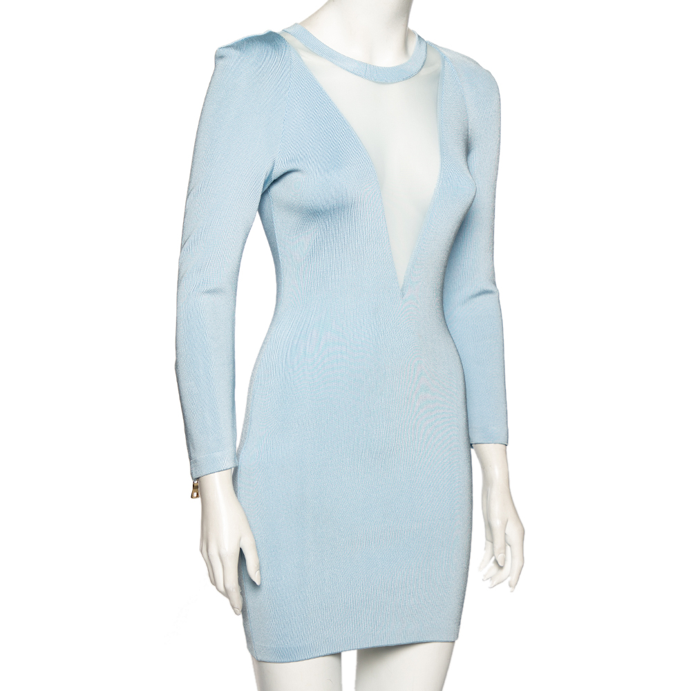 

Balmain Light Blue Stretch Knit And Mesh Inset Neck Detailed Bodycon Dress