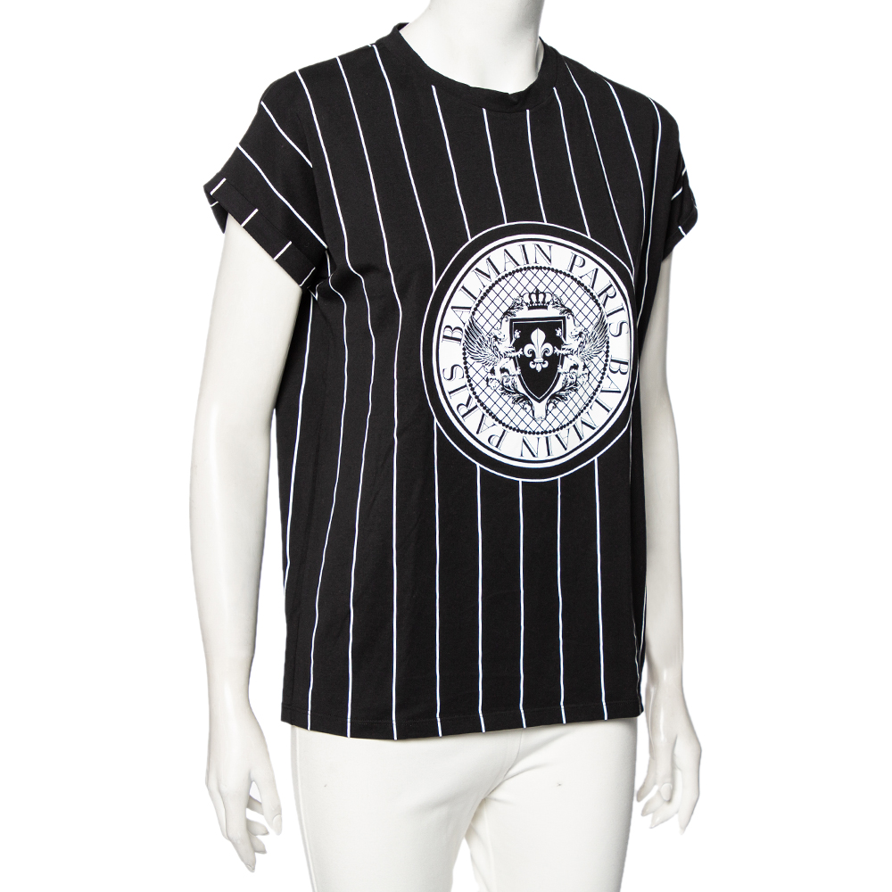 

Balmain Black Striped Logo Printed Cotton Short Sleeve Crewneck T-Shirt